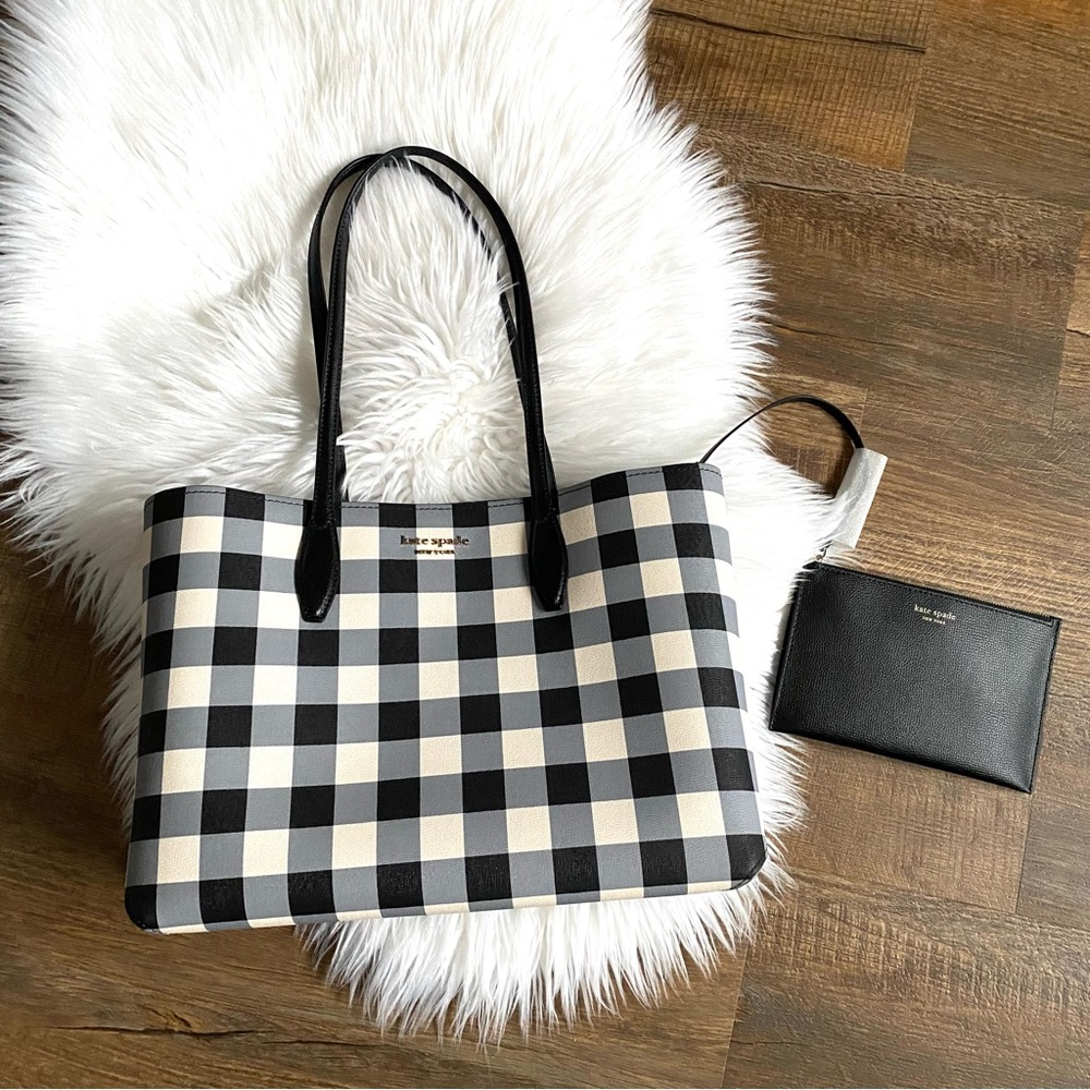 Kate Spade New York All Day Large Tote Black Gingham Tote W/ Matching Wrislet